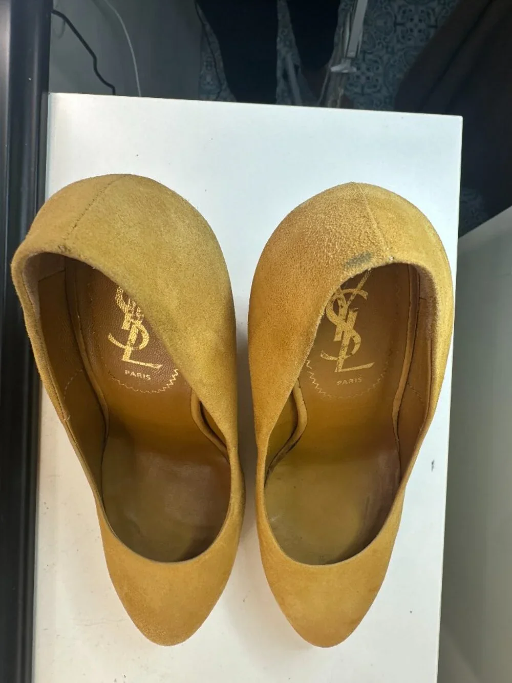 Yves Saint Laurent YSL Tribute Mustard Suede Platform Wedge Pumps, EU 36.5 / US